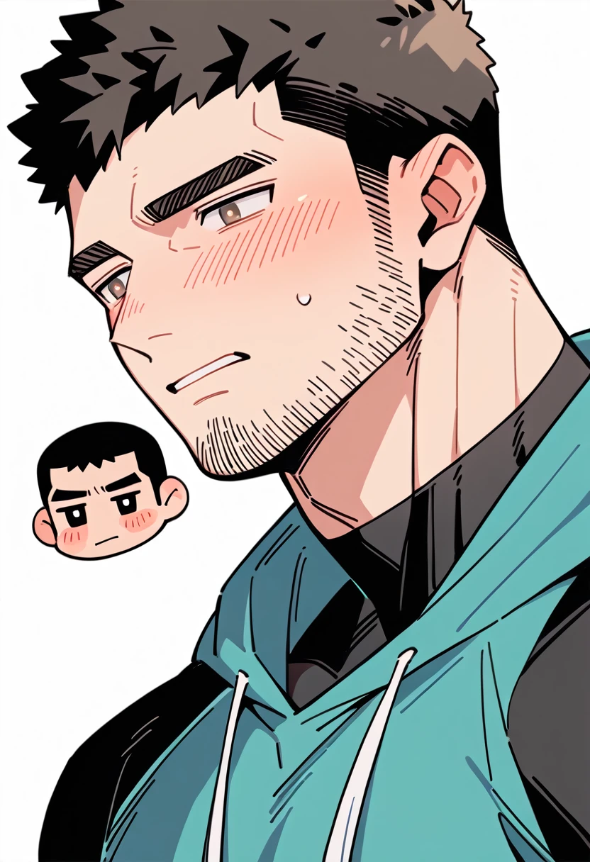 anime characters：Chris Redfield, Muscle Sports Student, Buzz Cut, Manliness, male focus, Sports tight hooded sweatshirt, Wear a black high-necked tights inside, Very tight, full and perky chest muscles, muscular male, muscular, only, Upper body, alone, Red short hair, Thick eyebrows, stubble, Brown-red pupils, White background, simple background, amazing quality, best aesthetics, Ridiculous, crew cut, parted lips, flustered, endured face, shy, blush, negative space, best quality