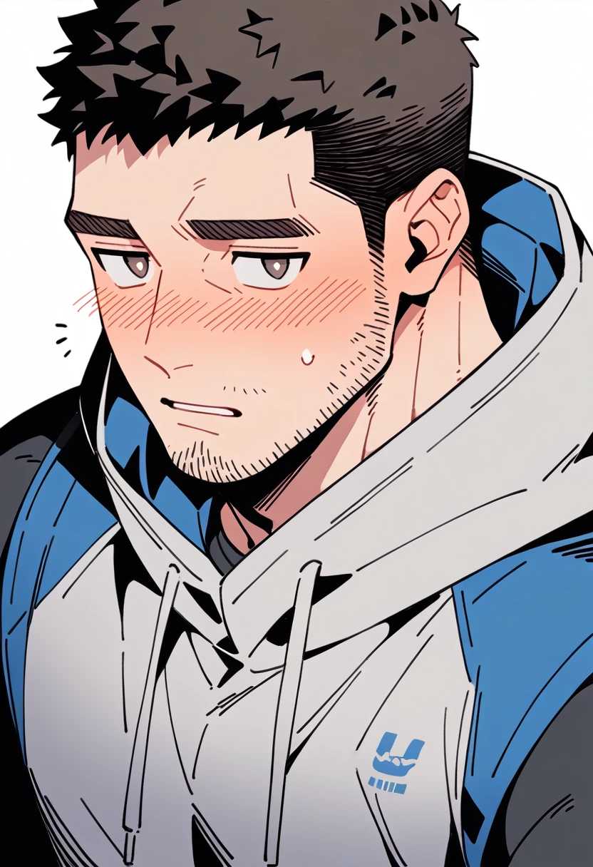 anime characters：Chris Redfield, Muscle Sports Student, Buzz Cut, Manliness, male focus, Sports tight hooded sweatshirt, Wear a black high-necked tights inside, Very tight, full and perky chest muscles, muscular male, muscular, only, Upper body, alone, Red short hair, Thick eyebrows, stubble, Brown-red pupils, White background, simple background, amazing quality, best aesthetics, Ridiculous, crew cut, parted lips, flustered, endured face, shy, blush, negative space, best quality