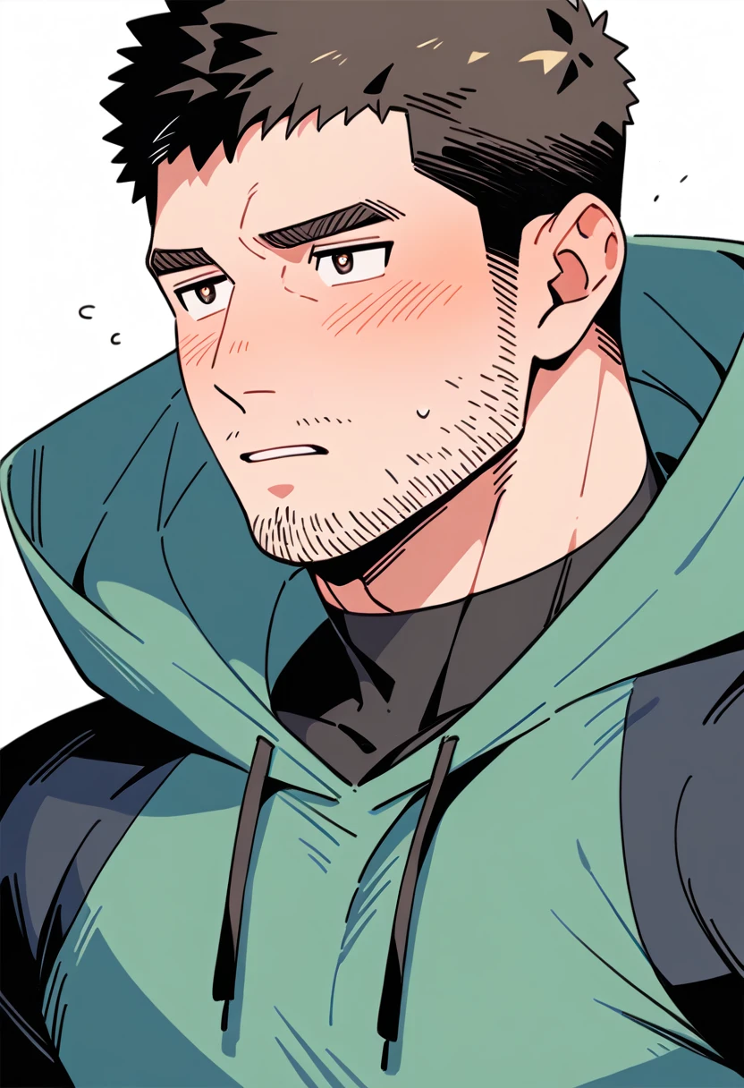 anime characters:Chris Redfield, Muscle Sports Student, Buzz Cut, Manliness, male focus, Sports tight hooded sweatshirt, Wear a black high-necked tights inside, Very tight, full and perky chest muscles, muscular male, muscular, only, Upper body, alone, Red short hair, Thick eyebrows, stubble, Brown-red pupils, White background, simple background, amazing quality, best aesthetics, Ridiculous, crew cut, parted lips, flustered, endured face, shy, blush, negative space, best quality