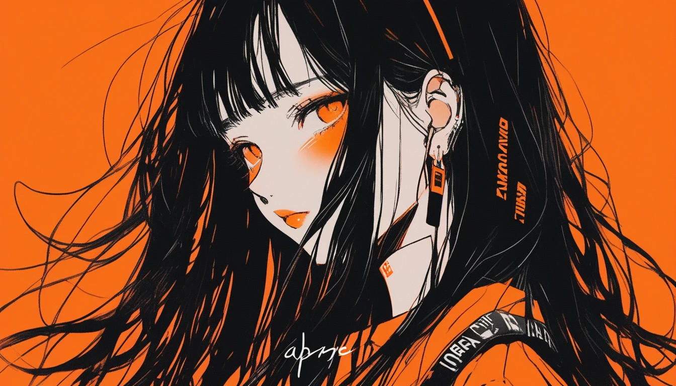 long black neon straight hair, Illustrator, anime , Realistic ,sketch , 1 Girl, ,lip, ｔshirt，order, orange background, summer、Neon Hair,Textured Trim, Canadian, (masterpiece,Highest quality) Cancer、The cassette tape placed at the front、Realisticなカセットテープの大きさ、Cassette tape facing forward