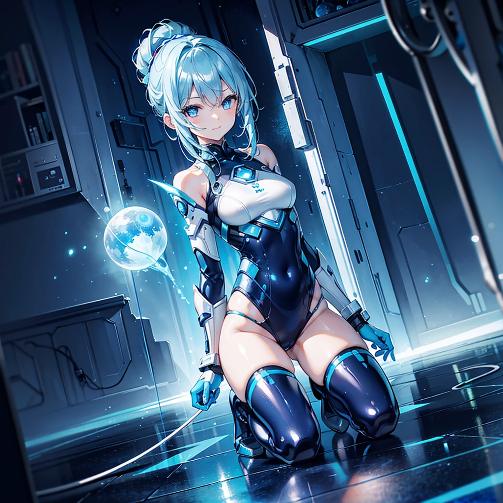 8k, Highest quality, (real:1.4), Original photo, 1 girl, Asari Hair, Biological Amplifier, Very sleek and futuristic armor, posture: Peace talks between warring factions,,attention arousal, smart blue eyes,A modest smile,Knee-high boots,Patent-look blue tights,Blue big moon and blue light swirl in the background,Blue light from behind,blue light magic,A small, glowing blue ball in the palm of your hand,Blue flame swirl,Blue Comet,Polished floor,