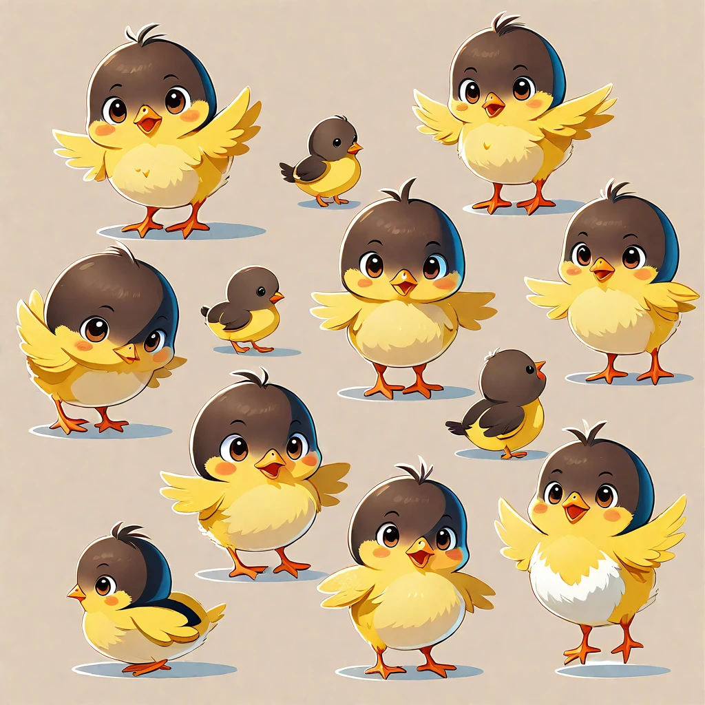 a chick, illustration, flat, cute, children's book, multiple poses and expressions, (isolated white background:1.3), pull Trolley Bag