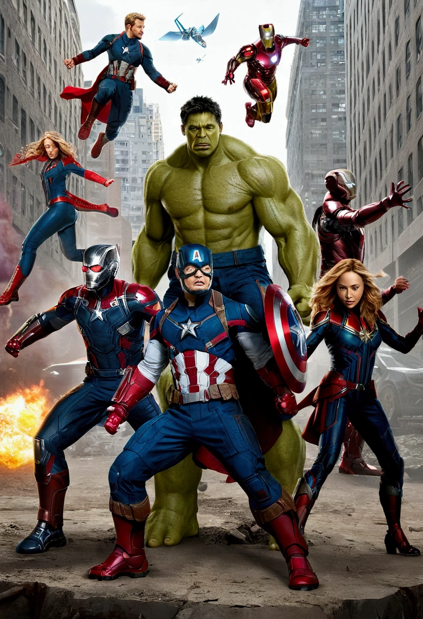 Very detailed,Superhero Waghting Stance,Captain America,Captain Marvel,Iron Man,Thor,Doctor Strange,Ant-Man,Groot,Rocket Raccoon,Spider-Man,Black Panther,Black Widow,Hawkeye,the hulk,Scarlet Witch,Attack each other,Intricate details,There are other superheroes in the distance,Collapsed streets,of war,