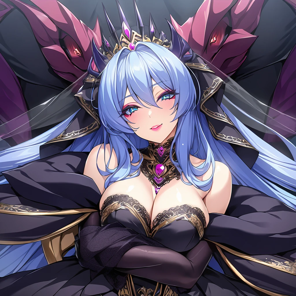 ((Highest quality)), ((masterpiece)), (detailed), (Perfect Face)、The woman is hugging and kissing the great evil demon king man、The woman is the evil queen, Extia, with medium-long blue hair, a gorgeous black wedding dress with gold embroidery and trim, a black wedding veil, an engagement ring, gorgeous accessories, lipstick and makeup, and a dignified, beautiful evil queen.、The woman looks happy、The man is a great and powerful demon king and a majestic demon.