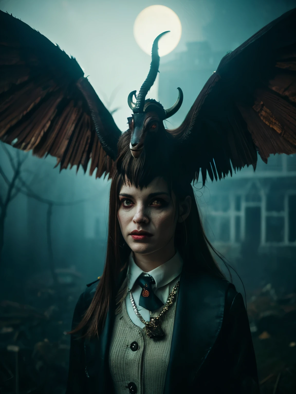muste piece, best quality, High resolution, photorealistic, Baphomet,creepy atmosphere