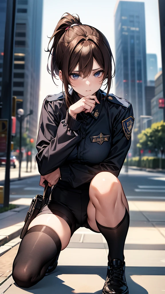{{masterpiece}}, {{{best quality}}},{{ultra-detailed}}, {{illustration}},{{tall stature}},{{adult women}},((Black stockings and shorts)),Small breasts,Slender,{{Squatting on the ground}},((Leggings with integrated shorts)), Female police officer Brown hair ponytail Place your hands on your knees 1 female,alone, City of night long sleeve police uniform