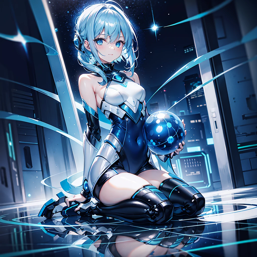 8k, Highest quality, (real:1.4), Original photo, 1 girl, Asari Hair, Biological Amplifier, Very sleek and futuristic armor, posture: Peace talks between warring factions,,attention arousal, smart blue eyes,A modest smile,Knee-high boots,Patent-look blue tights,Blue big moon and blue light swirl in the background,Blue light from behind,blue light magic,A small, glowing blue ball in the palm of your hand,Blue flame swirl,Blue Comet,Polished floor,