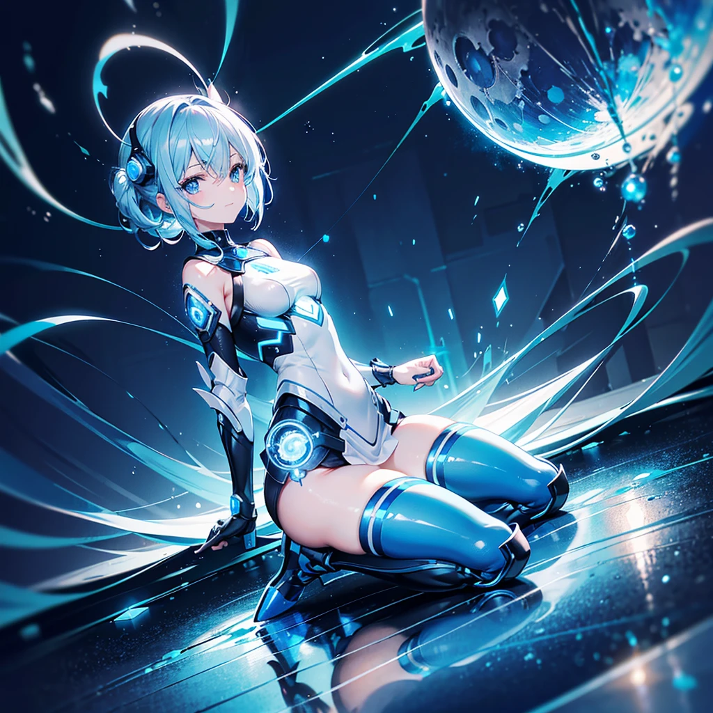 8k, Highest quality, (real:1.4), Original photo, 1 girl, Asari Hair, Biological Amplifier, Very sleek and futuristic armor, posture: Peace talks between warring factions,,attention arousal, smart blue eyes,A modest smile,Knee-high boots,Patent-look blue tights,Blue big moon and blue light swirl in the background,Blue light from behind,blue light magic,A small, glowing blue ball in the palm of your hand,Blue flame swirl,Blue Comet,Polished floor,
