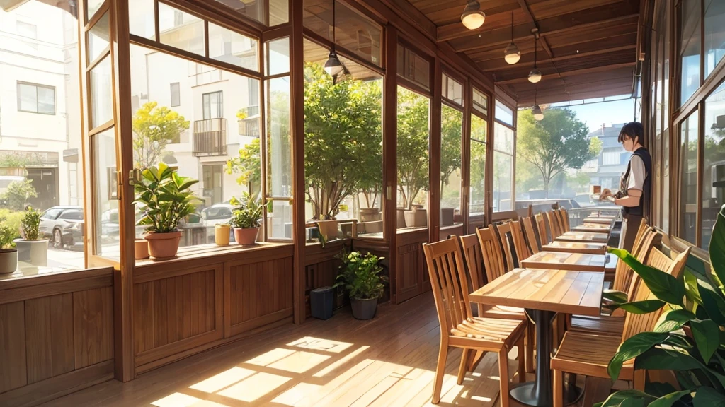 Quiet morning at the cafe、The morning sun is shining outside the window。The character is sitting by the window、Holding a cup of hot coffee in his hands, he quietly gazes outside.。The interior of the cafe is natural.、Decorated with wooden furniture and potted plants。The background is in soft yellow and orange tones.、It creates a calm atmosphere。