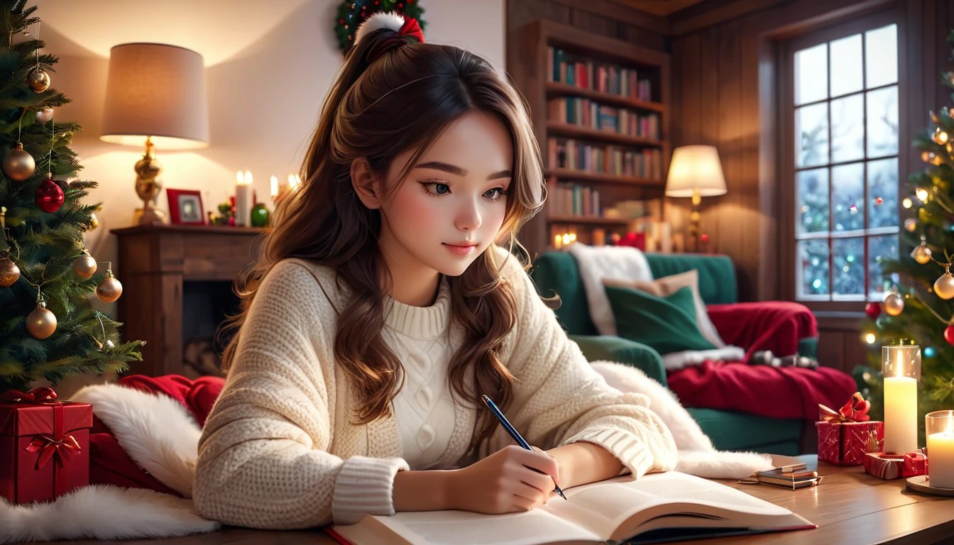 beautiful girl sitting and studying in the cozy room, ambience vibe, 4k, IN CHRISTMAS THEME