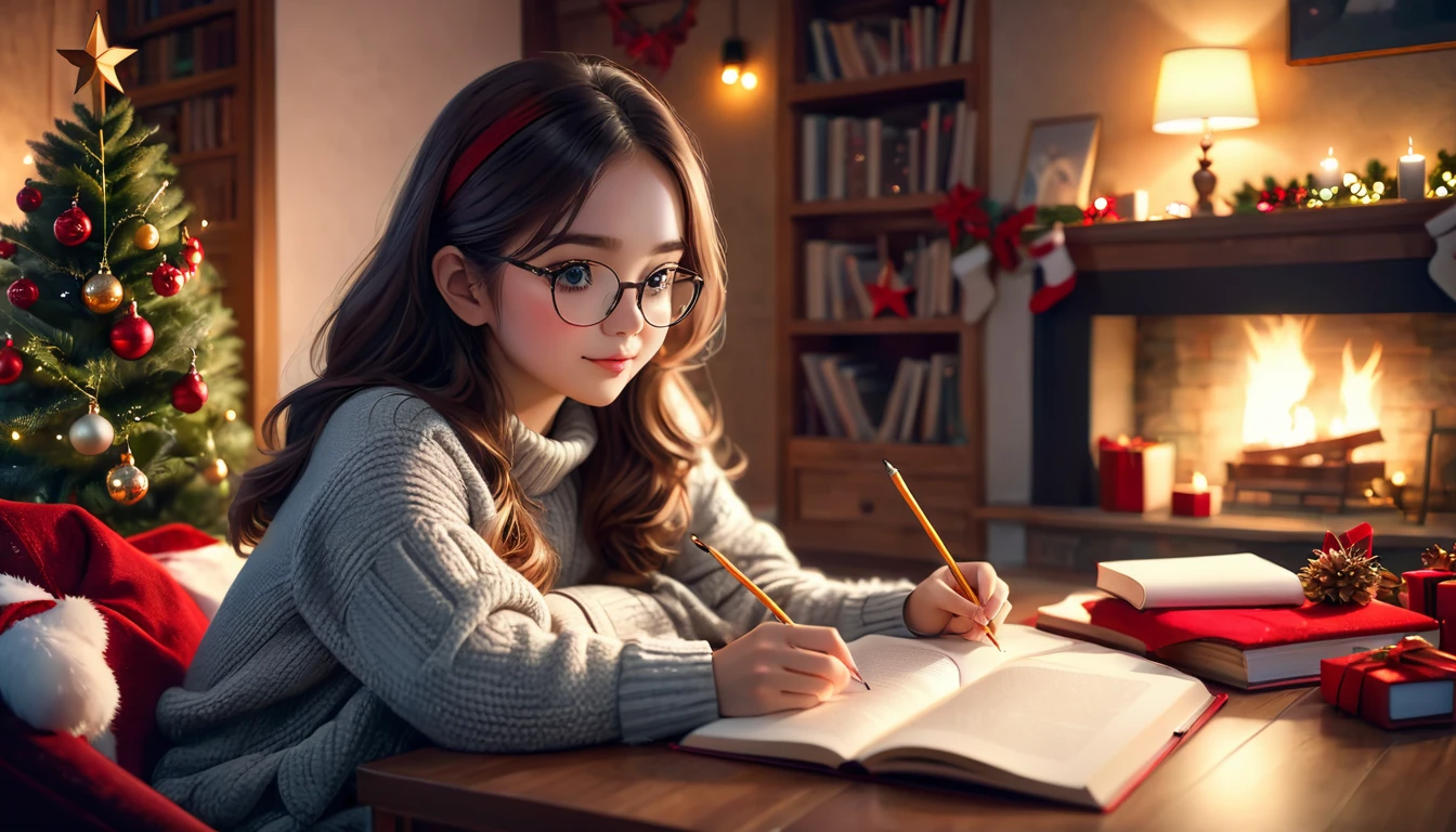 beautiful girl sitting and studying in the cozy room, ambience vibe, 4k, IN CHRISTMAS THEME