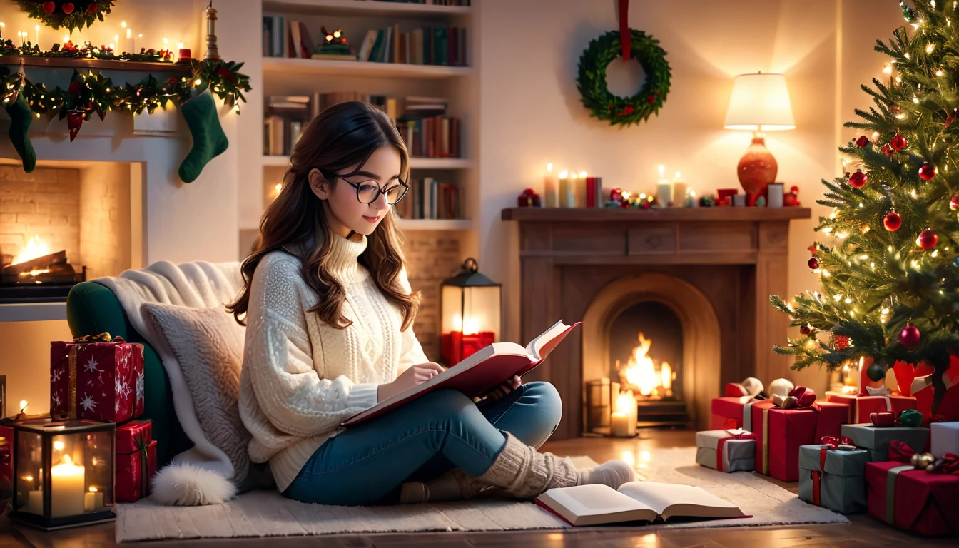 beautiful girl sitting and studying in the cozy room, ambience vibe, 4k, IN CHRISTMAS THEME