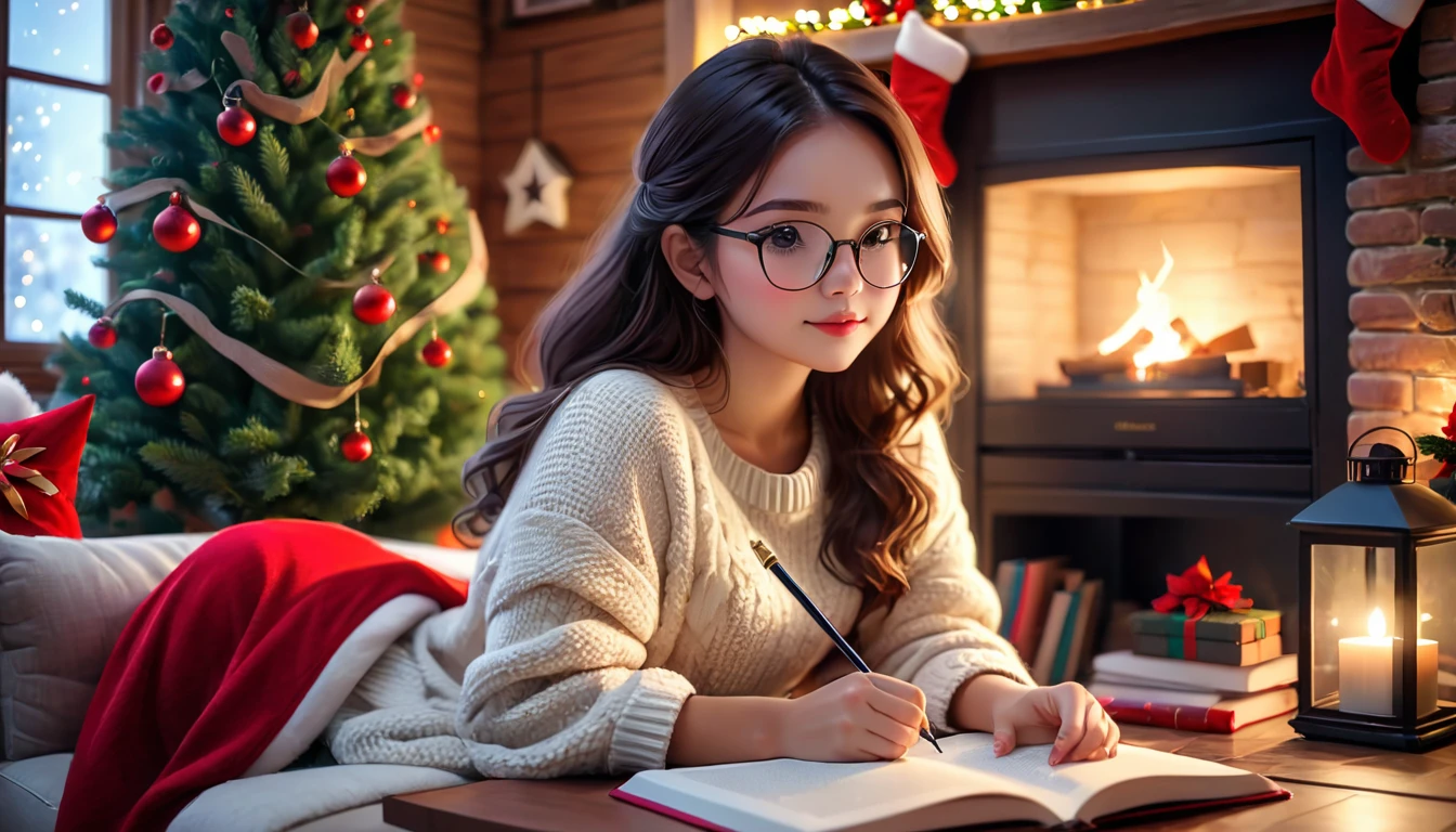 beautiful girl sitting and studying in the cozy room, ambience vibe, 4k, IN CHRISTMAS THEME