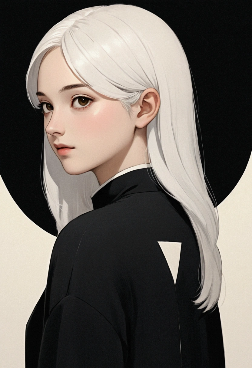 (masterpiece, best quality, Extremely detailed), Exquisite pattern, Detailed background,
(1 girl), solitary, Bankruptcy,
Light cream, black and white, (Split screen) Long black hair,Wearing black clothes,Short white hair in white clothes, Flip horizontally, symmetry, Clear the edges, High contrast,
