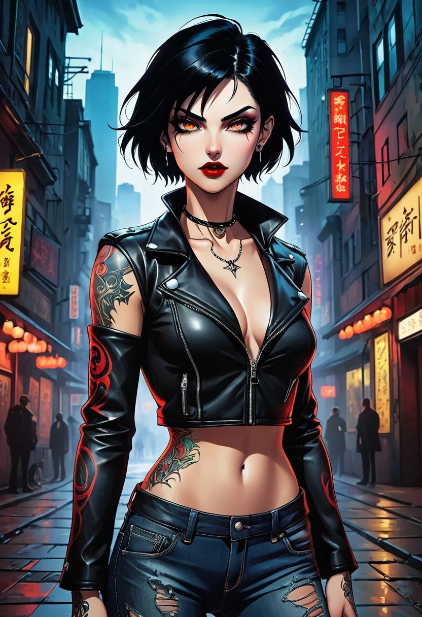 An athletically built woman with defined muscles. Her skin is covered with artistic tattoos, that extend over her arms and neck. She has short, black hair, that appear wild and untamed. Multiple Ear Piercing, Nose and eyebrows. Her eyes are dark and intense. She wears dark, practical clothing such as leather jackets, Boots and ripped jeans. backdrop: World of Darkness, dark urban fantasy, natta, City, City, neon lights, nattaleben, Vampire. highest quality, muito detalhado, im 90er Anime-Stil, exquisite and mature 90s manga art style, perfect skin, perfect eyes, Adult Anime, anatomically correct, symmetrical face, extremely detailed eyes and face, High quality eyes, creativity, cinematic lighting, ​masterpiece-anatomy-perfect, ​masterpiece:1.5, muted colors, retro-noise