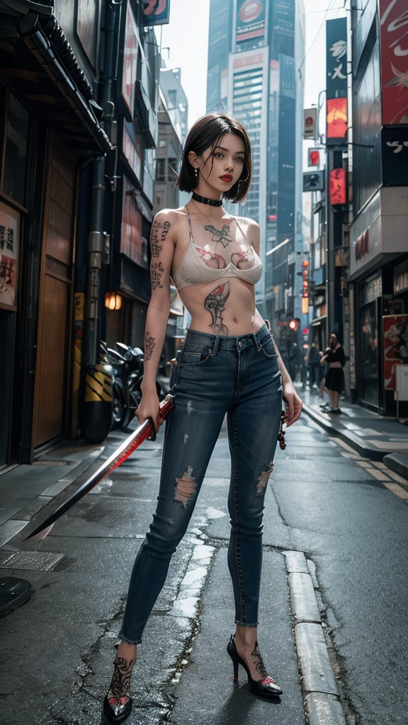 (8k, best quality, masterpiece), (realistic, photorealistic), (ultra-detailed, best quality, super-high resolution), (full body: 1.4), (female spy: 1.1), (pretty face, idol, cute: 1.3), symmetrical portrait of gangster, best quality, black hair, short hair, short bob, surreal, perfect anatomy, (lots of people in background, japanese city, tokyo downtown, crowded background), wet and shiny white skin, model body, ahegao, (oversized jeans), soaking wet, perfect body, tank top, natural light, cyberpunk city, neon lights, urban tech wear, (holding a large odachi sword in hand, holding the hilt of the odachi sword in hand, standing with a samurai sword: 1.3), (tattoo, japanese tattoos all over body: 1.5), red lips, red high heels, choker, necklace, earrings, (highly detailed: 1.4), front view, looking at camera,