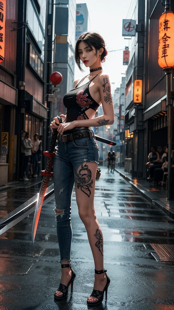 (8k, best quality, masterpiece), (realistic, photorealistic), (ultra-detailed, best quality, super-high resolution), (full body: 1.4), (female spy: 1.1), (pretty face, idol, cute: 1.3), symmetrical portrait of gangster, best quality, black hair, short hair, short bob, surreal, perfect anatomy, (lots of people in background, japanese city, tokyo downtown, crowded background), wet and shiny white skin, model body, ahegao, (oversized jeans), soaking wet, perfect body, tank top, natural light, cyberpunk city, neon lights, urban tech wear, (holding a large odachi sword in hand, holding the hilt of the odachi sword in hand, standing with a samurai sword: 1.3), (tattoo, japanese tattoos all over body: 1.5), red lips, red high heels, choker, necklace, earrings, (highly detailed: 1.4), front view, looking at camera,