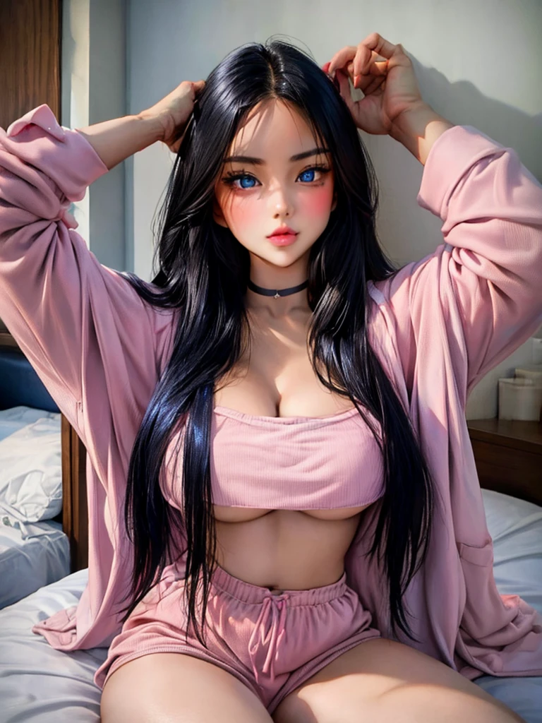 1 girl, black straight long hair, posing sexily, looking at viewer, beautiful blue eyes, wearing a pink lingerie, nice realistic bedroom, pink wall, black choker, natural eyebrows, full_body, thick thighs
