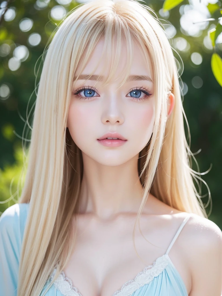 The most beautiful shiny blonde fine hair in the world、Super long straight hair、Treatment for smooth, shiny hair、Long bangs over the face and eyes,、Big pale light blue eyes shining like jewels、Sheer white and wet nightgown、Nordic youth、Perfect body、White tendons、Glowing Skin、Glossy Cheek Gloss、Young and beautiful skin、Perfect beautiful little face、Bright makeup、Pale pink lips、Bright expression、1. 、Unbuttoned shirt、lipstick、Deceptive advertising、{vapor}、Viewer's vision、Golden Hour Lighting、Bokeh Atmosphere Perspective、Detailed Video Lite、Intricate details、High resolution、 Detailed features of the face design、Attention to detail、Clear focus、Smoothness、aesthetics、Printed、Octane、{{masterpiece}}