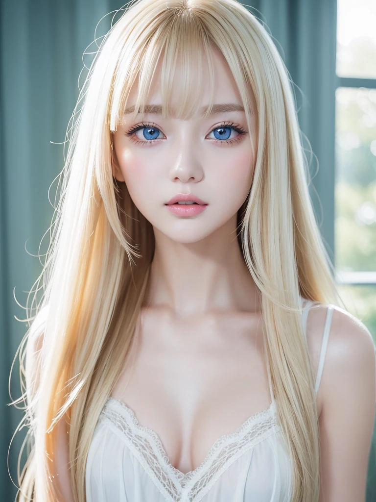 The most beautiful shiny blonde fine hair in the world、Super long straight hair、Treatment for smooth, shiny hair、Long bangs over the face and eyes,、Big pale light blue eyes shining like jewels、Sheer white and wet nightgown、Nordic youth、Perfect body、White tendons、Glowing Skin、Glossy Cheek Gloss、Young and beautiful skin、Perfect beautiful little face、Bright makeup、Pale pink lips、Bright expression、1. 16-year-old girl、Unbuttoned shirt、lipstick、Deceptive advertising、{vapor}、Viewer's vision、Golden Hour Lighting、Bokeh Atmosphere Perspective、Detailed Video Lite、Intricate details、High resolution、 Detailed features of the face design、Attention to detail、Clear focus、Smoothness、aesthetics、Printed、Octane、{{masterpiece}}