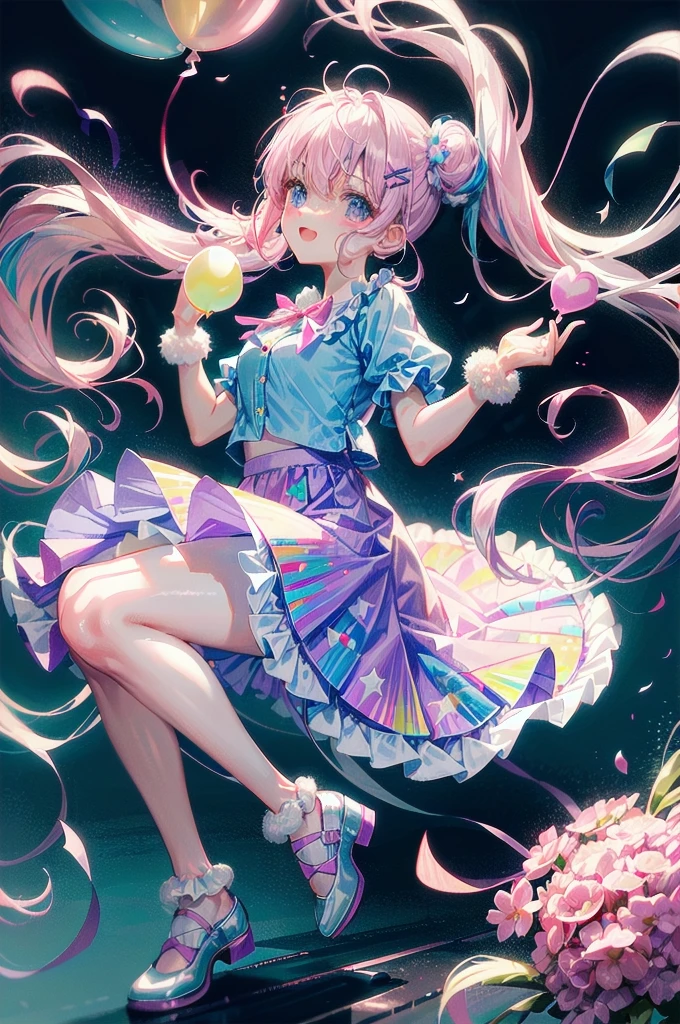 (whole body, legs and shoes visible: 1.2)) Expressive eyes, One girl, Pale skin, Long Hair, Windblown Hair, ((absurdly Long Hair)), Long Side Lock, Princess bangs, Hair bangs, Hair Bun, ((Very long twin tails)), Rainbow Hair, Light pink hair, blush, full face blush, big sparkling Pastel Purple eyes, (Gradient Eye), Laughing with your mouth open, cute pose, ((Holding a balloon : 1.3)) ((cute and pastel fashion)) ((🦄🎠🎈🎉 theme : 1.4)) A loose pastel dress, ((Dreamy multi-colored open dress)), (Floating ribbon), Lavender Frill, Pink frills, (Light blue lace), Removable short sleeves, Fluffy skirt, ((Rainbow and star printed skirt : 1.3)), Lolita Skirt, Purple ribbon, ((pom pom ribbon hair ornament : 1.4)), Multiple Bows, Striped lace stockings, (heart型のレッグガーター), cute (Pastel Purple) shoes ((Ultra-detailed clothing and fashion)) I&#39;m watching you, Vintage Girl, blush, (Beautiful attention to detail), (Highly detailed CG Unity 8k wallpaper) (Best Shadow), ((Very delicate and beautiful)), (Detailed light), ((Depth of written boundary)) Big Head, Big, bright eyes, Moe, Splash Art, Cinema Lighting, Front view, volumetric lighting maximalist photo illustration k resolution high resolution intricate detailed complex key visuals precise linear ((Dreamy pastel sky background, Surrounded by sunset clouds, shooting star, Castle above the clouds)) ((Ultra-detailed landscapes, Foggy clouds, Hung by balloons, heart : 1.3))
