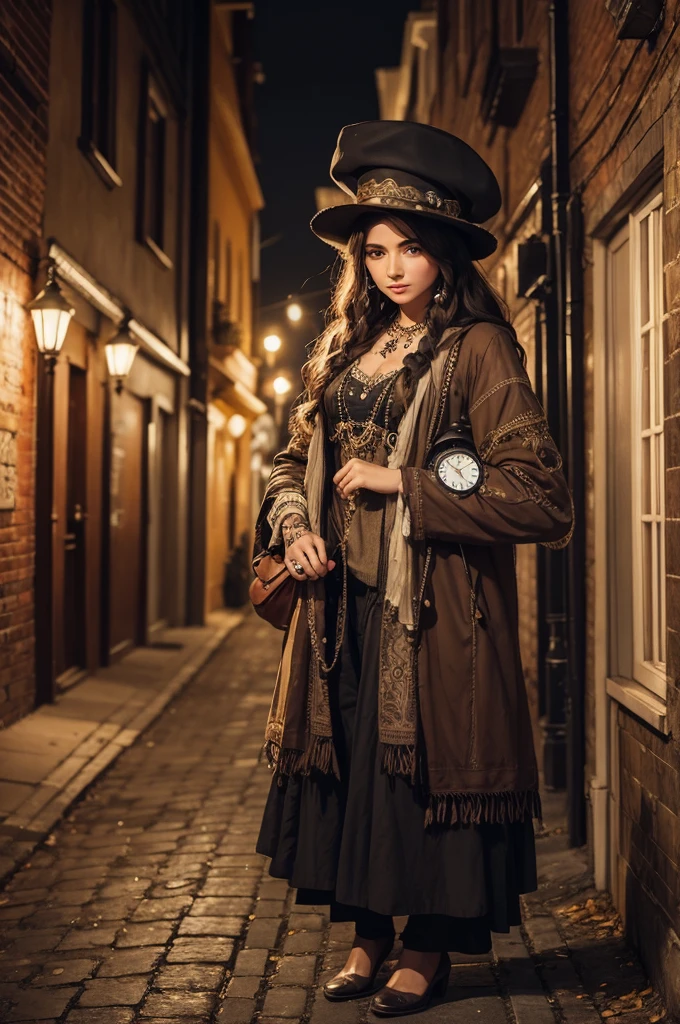 create a gypsy clock keeper with clothes full of clocks on a dark street