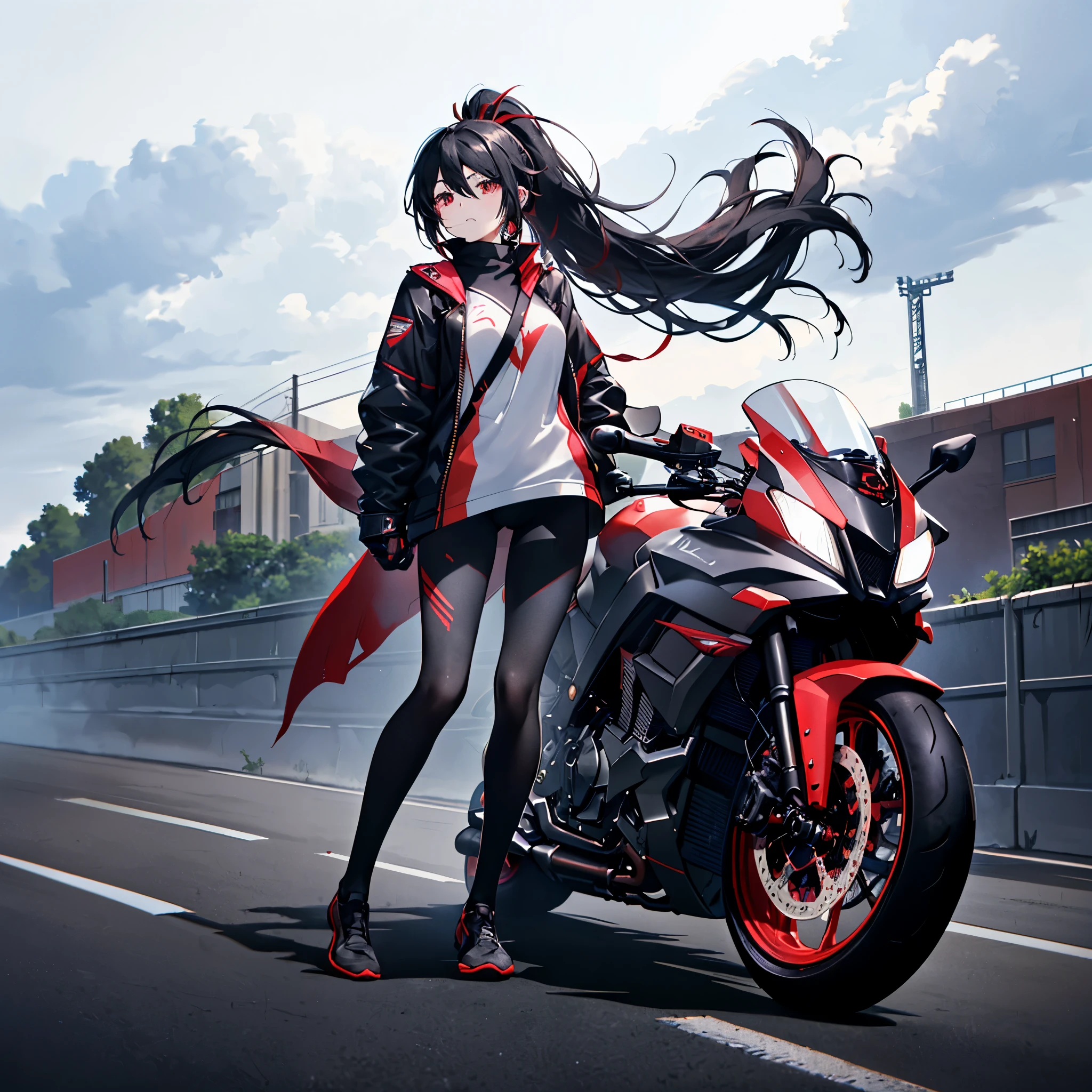 ((((Female rider、forward leaning posture　Full Body Tights、Black　Red Motorcycle、get on))))　(((Black Hair、ponytail、Blowing in the Wind　Bright red eyes)))　((Expressway、night))　Shining Edge　Shining Background