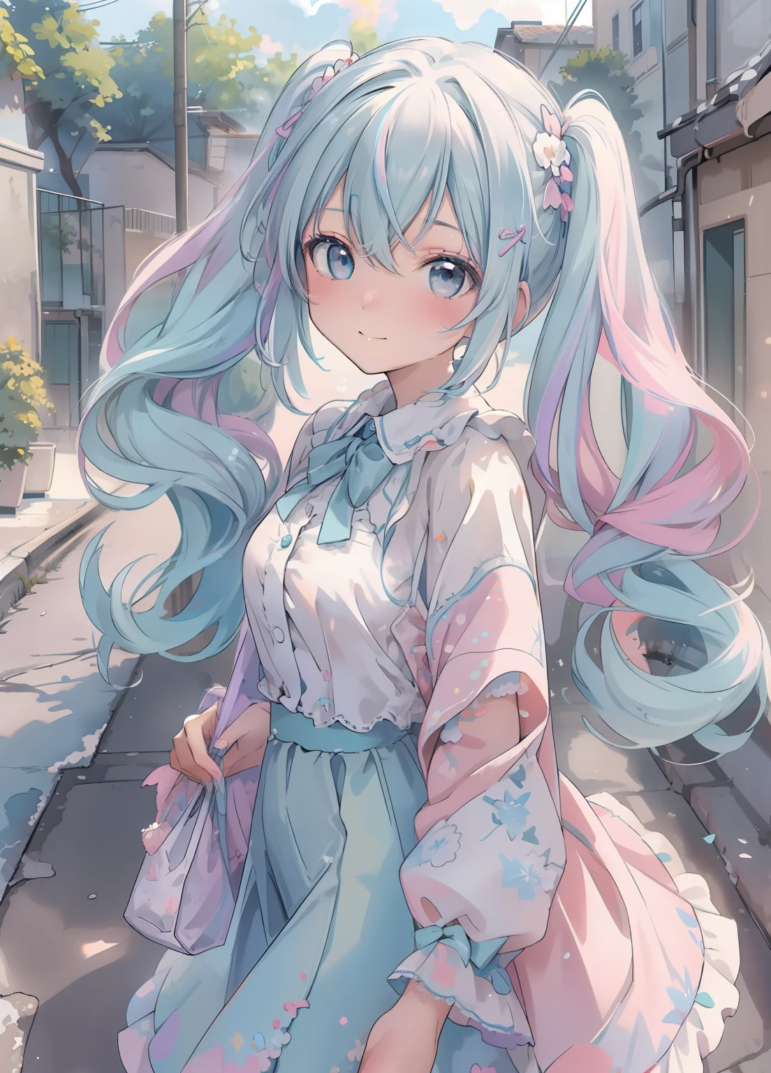 (masterpiece、Highest quality、Highest quality、Official Art、Beautiful and beautiful:1.2)、(One girl:1.3)Hatsune Miku、Twin tails,Beautiful breasts,((Best quality1.2))、((Masterpiece 1.2))、watercolor paiting、((Fashionable clothes))、((Take a cute cat 1.5))、white colors((rainbow-colored hair))、Back alley