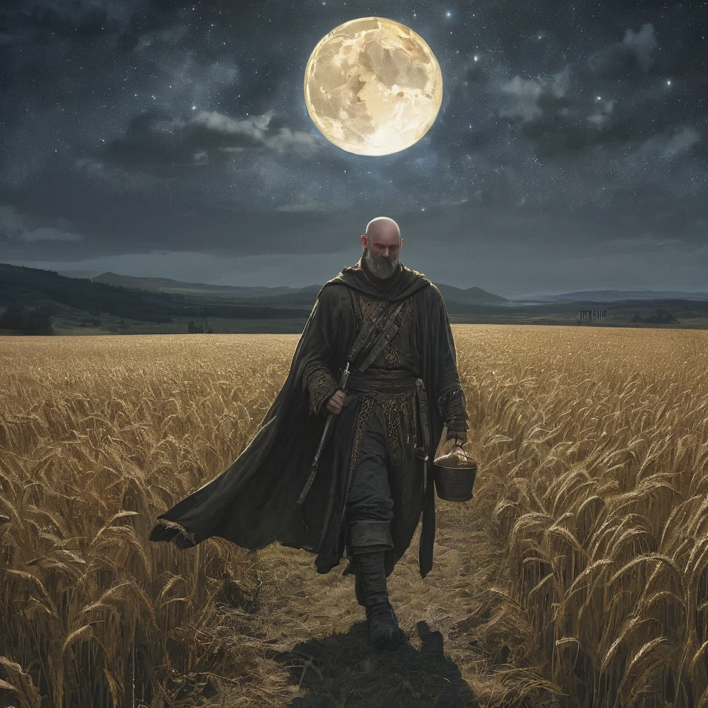 Create an image of a bald, bearded man walking through a wheat field at night. He is dressed in rugged medieval attire, consisting of a worn leather tunic, sturdy trousers, and heavy boots, which contrast with the golden hues of the wheat that sway gently in the nighttime breeze.

In one hand, he holds a large, old-fashioned bottle of beer, its contents catching the moonlight and adding a glimmer to the scene. His expression is relaxed and contemplative, as if he is savoring a moment of solitude amidst the vast expanse of the field.

The night sky above is dotted with stars, and a full moon casts a soft, silvery light over the landscape, illuminating the wheat field and creating long, dramatic shadows. The scene conveys a sense of peaceful solitude and reflection, juxtaposed with the ruggedness of the man’s appearance and the simplicity of his nighttime wander.

This image captures a quiet, introspective moment in a medieval setting, emphasizing the contrast between the serenity of the natural world and the man’s solitary presence.