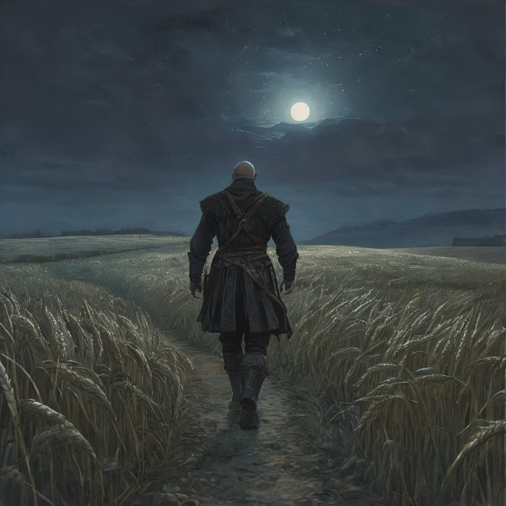 Create an image of a bald, bearded man walking through a wheat field at night. He is dressed in rugged medieval attire, consisting of a worn leather tunic, sturdy trousers, and heavy boots, which contrast with the golden hues of the wheat that sway gently in the nighttime breeze.
In one hand, he holds a large, old-fashioned bottle of beer, its contents catching the moonlight and adding a glimmer to the scene. His expression is relaxed and contemplative, as if he is savoring a moment of solitude amidst the vast expanse of the field.
The night sky above is dotted with stars, and a full moon casts a soft, silvery light over the landscape, illuminating the wheat field and creating long, dramatic shadows. The scene conveys a sense of peaceful solitude and reflection, juxtaposed with the ruggedness of the man’s appearance and the simplicity of his nighttime wander.
This image captures a quiet, introspective moment in a medieval setting, emphasizing the contrast between the serenity of the natural world and the man’s solitary presence.