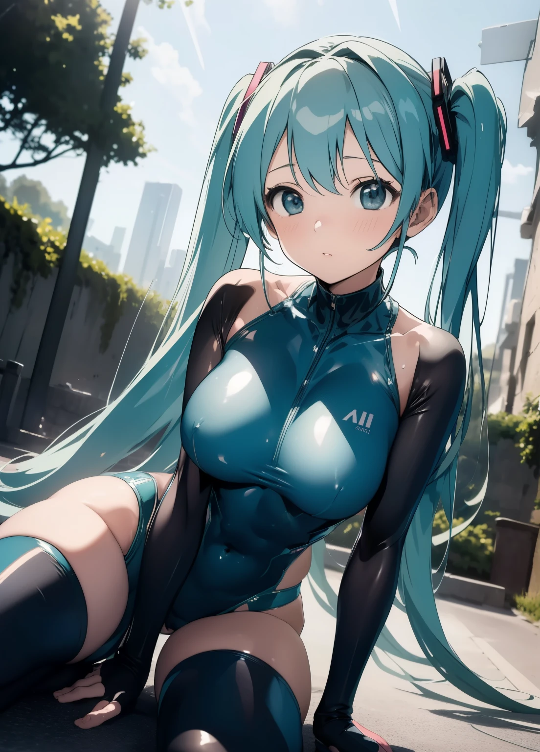 (masterpiece、Highest quality、Highest quality、Official Art、Beautiful and beautiful:1.2)、(One girl:1.3)Hatsune Miku、Twin tails,Beautiful breasts,speed skating、grit、Beauty、Landscape、Upper body、breast enhancement