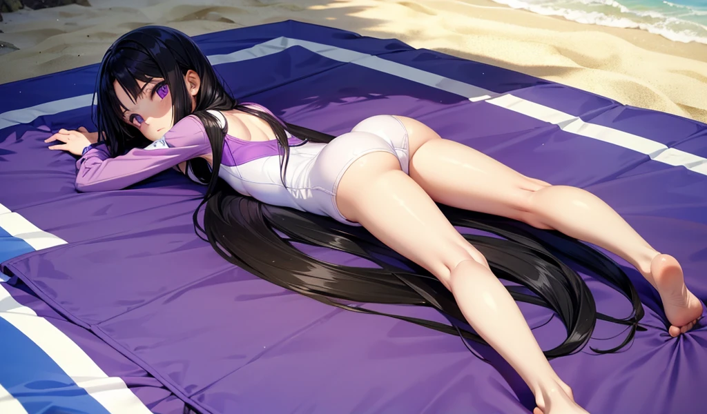 Twelve-year-old girl with long black straight hair,Purple and white one-piece swimsuit,behind,Turn around,lying down,beach