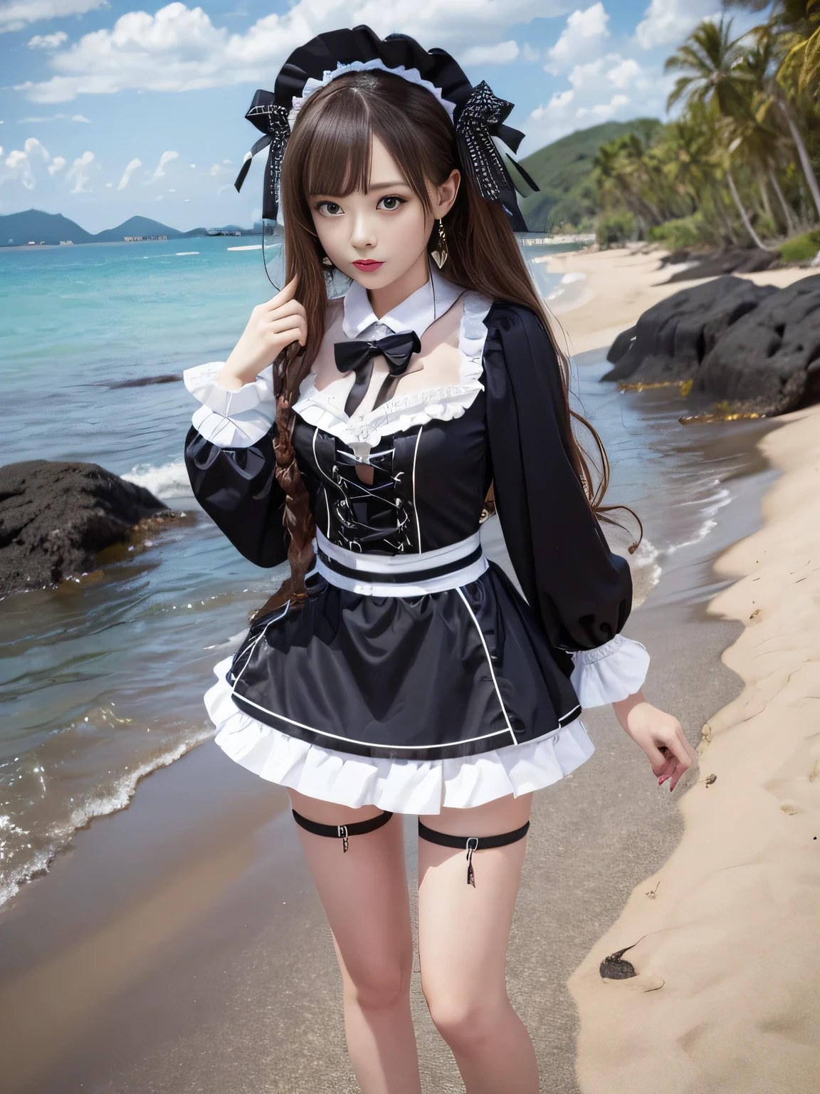 (Full body portrait:1.5)、17 years old、Slim and flat chested、Small breasts、Highest quality,masterpiece,Ultra-high resolution,(Actual:1.4),Original photo,Ultra-high resolution，8k，There are also women，Gothic Lolita Uniform、Maid Costume Cosplay、Sandy beach scenery、With confidence, Beautiful and generous，Please lift your skirt and show me your underwear....、

