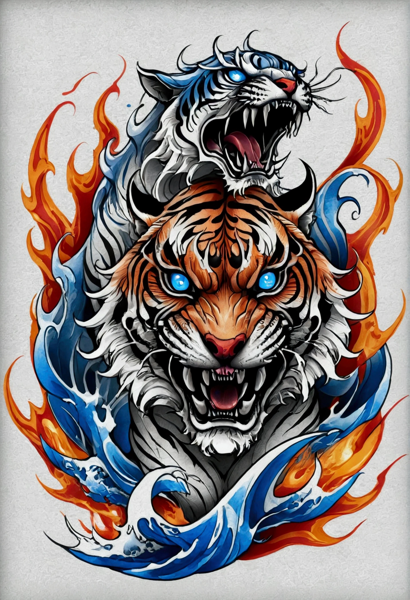 Traditional Japanese tattoo, realistic tattoo art of orange tiger with (((blue eyes))) with red fire splatter sketch effect, he is with open mouth looking very fierce and angry, the background is back and gray Japanese wave tattoo, 
