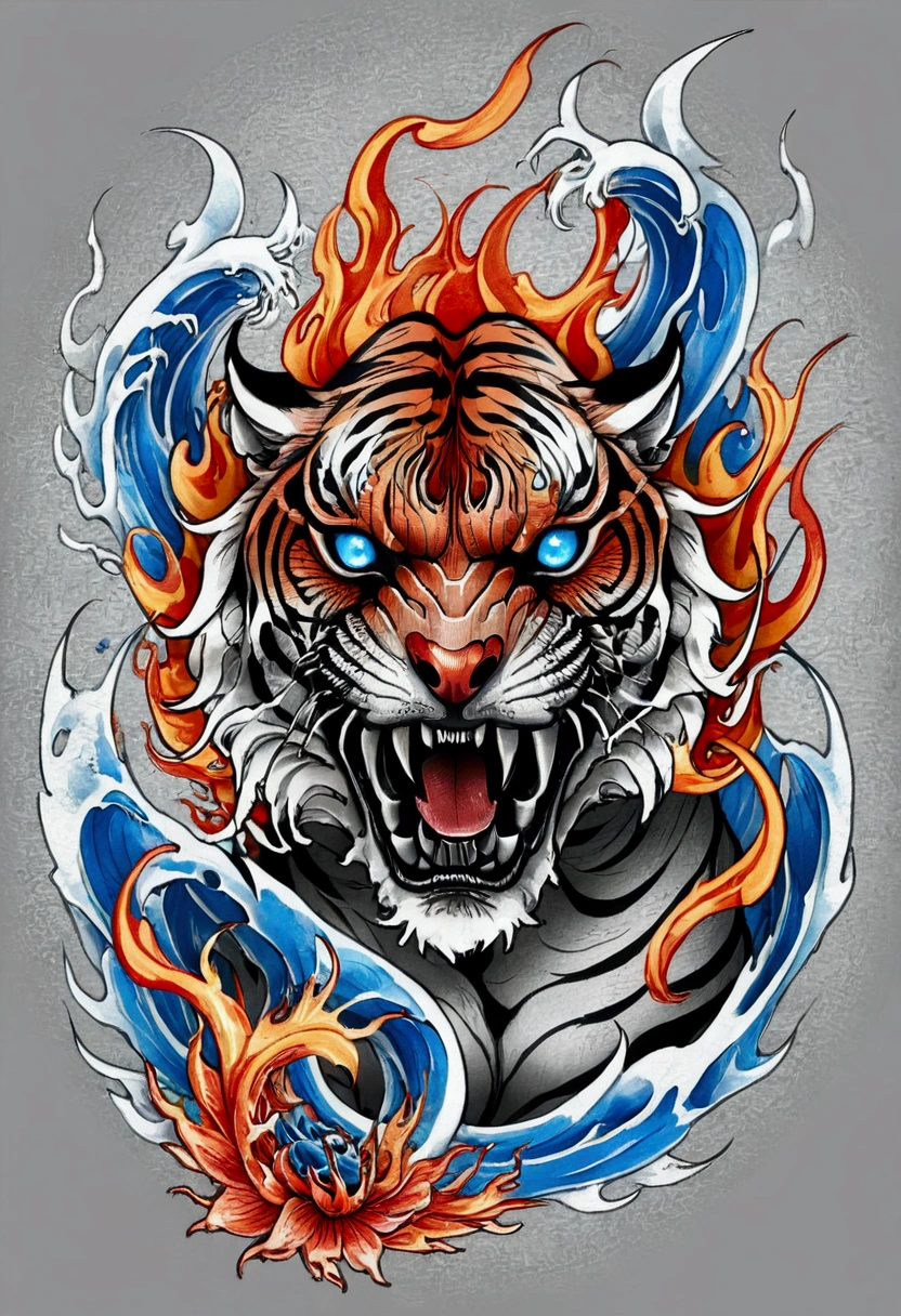 Traditional Japanese tattoo, realistic tattoo art of orange tiger with (((blue eyes))) with red fire splatter sketch effect, he is with open mouth looking very fierce and angry, the background is back and gray Japanese wave tattoo, 
