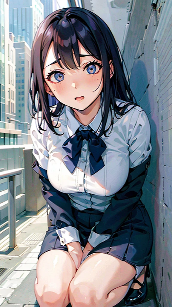 office Street,Skyscrapers in the background,blue sky,Kneel,masterpiece,quality,High resolution,高quality,Realistic,Random hairstyle,business suit,White collared shirt,whole body,Bangs,Ahegao,Big eyes,Embarrassed face,Leaning against a wall,Fair skin,Thighs,High heels:1.3,pantydrop:1.5
