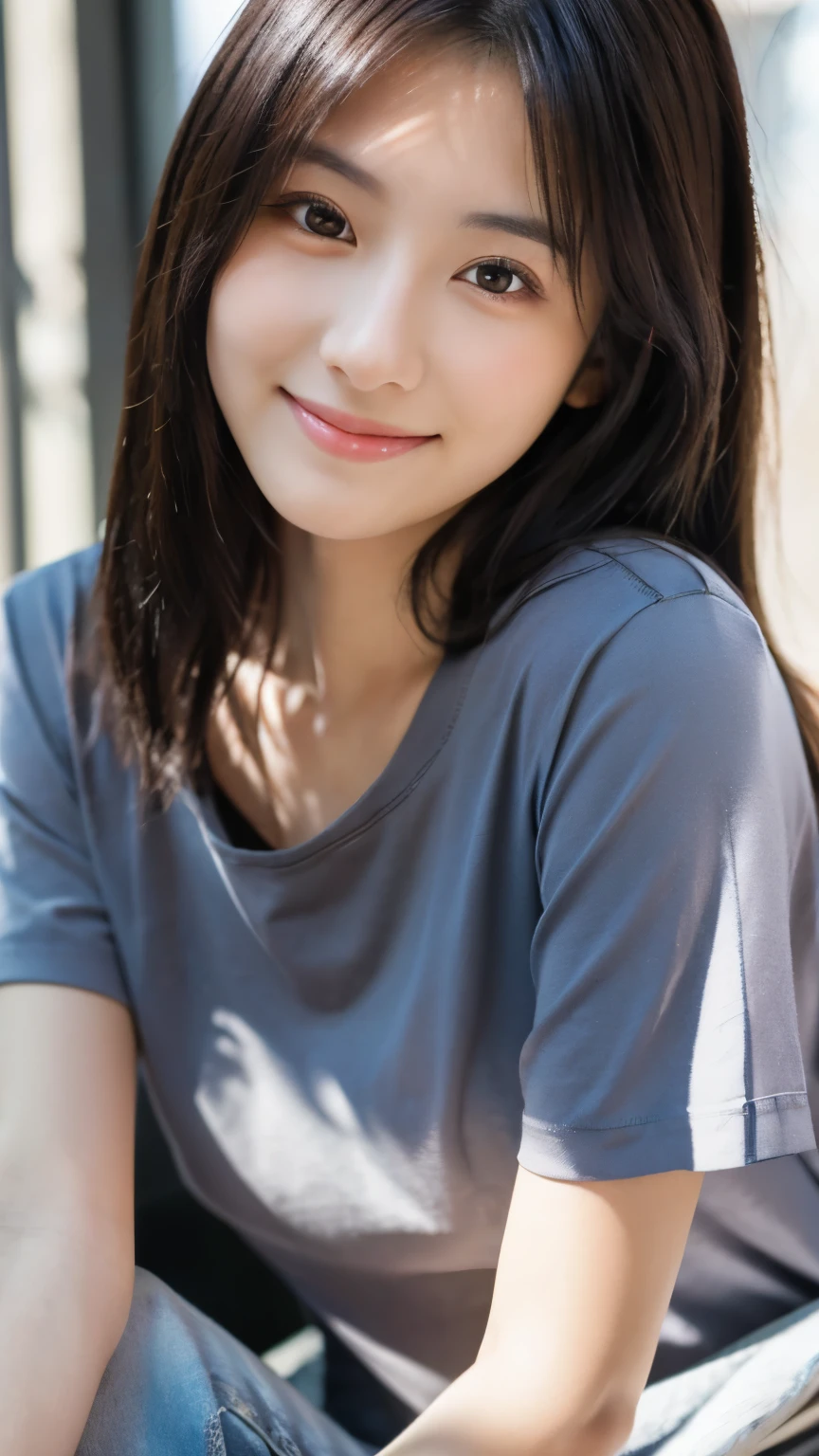 日本のgirl,Beautiful Girlfriend,Beauty,Raw photo,8k,Morning Sun,Gray T-shirt and jeans miniskirt,sleek long hair,Black-haired,Detailed face,Detailed skin,Detailed eyes,(The body is slim:1.3), girl,Around 23 years old,smile,