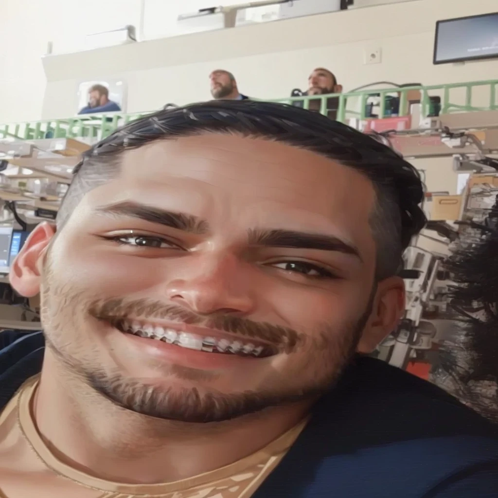 man sitting sideways, smiling with braces, beard only on his chin, background in a gamer room, maintaining photo identity