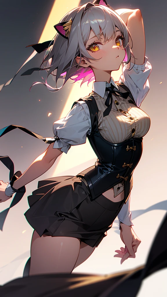 girl, Gray-haired, Short-haired, Yellow-eyed, Small breasts, Cat hair accessories, Side Lock, Gray-haired, Shiny Hair, uniform, (Golden Eyes: 1.2), (Skirt has two long triangular extensions, abdominal vest corset), White buttons on the best corset, (A short-sleeved striped shirt under a vest corset), (The cuffs are close to the arms), (Thick black ribbon around neck), ( short magenta skirt),