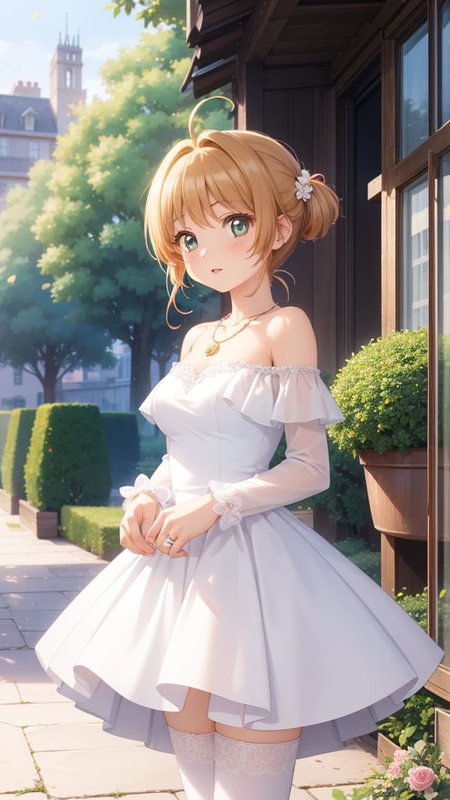 masterpiece, best quality, highres, 1girl, detailed face, blush, anime CG style, medium breasts, (18 year old girl:1.3), (aged up), good lighting, perfect body, sakura kinomoto, glossy lips, city, garden, wedding dress, off the shoulder, necklace, jewelry, (skirt parted in front), thigh highs