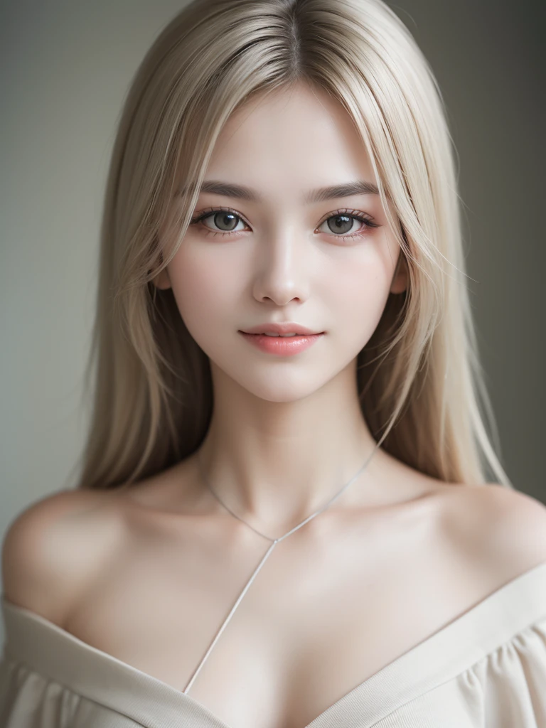 1 female, (Ultra practical, High resolution), (Very fine grain, Highly detailed hair, Highly detailed face, Full lips with rich detail), (off shoulder with open chest), chest, Upper Body, Find a smile, Silver blonde hair, (Highest quality:1.4), RAW Photos, (practical, photo-practical:1.37), Professional photography, Light, (Delicate face: 1.2),

