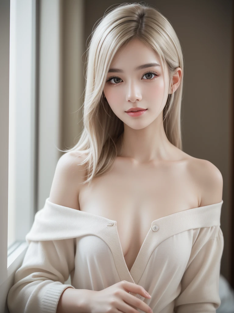 1 female, (Ultra practical, High resolution), (Very fine grain, Highly detailed hair, Highly detailed face, Full lips with rich detail), (off shoulder with open chest), chest, Upper Body, Find a smile, Silver blonde hair, (Highest quality:1.4), RAW Photos, (practical, photo-practical:1.37), Professional photography, Light, (Delicate face: 1.2),