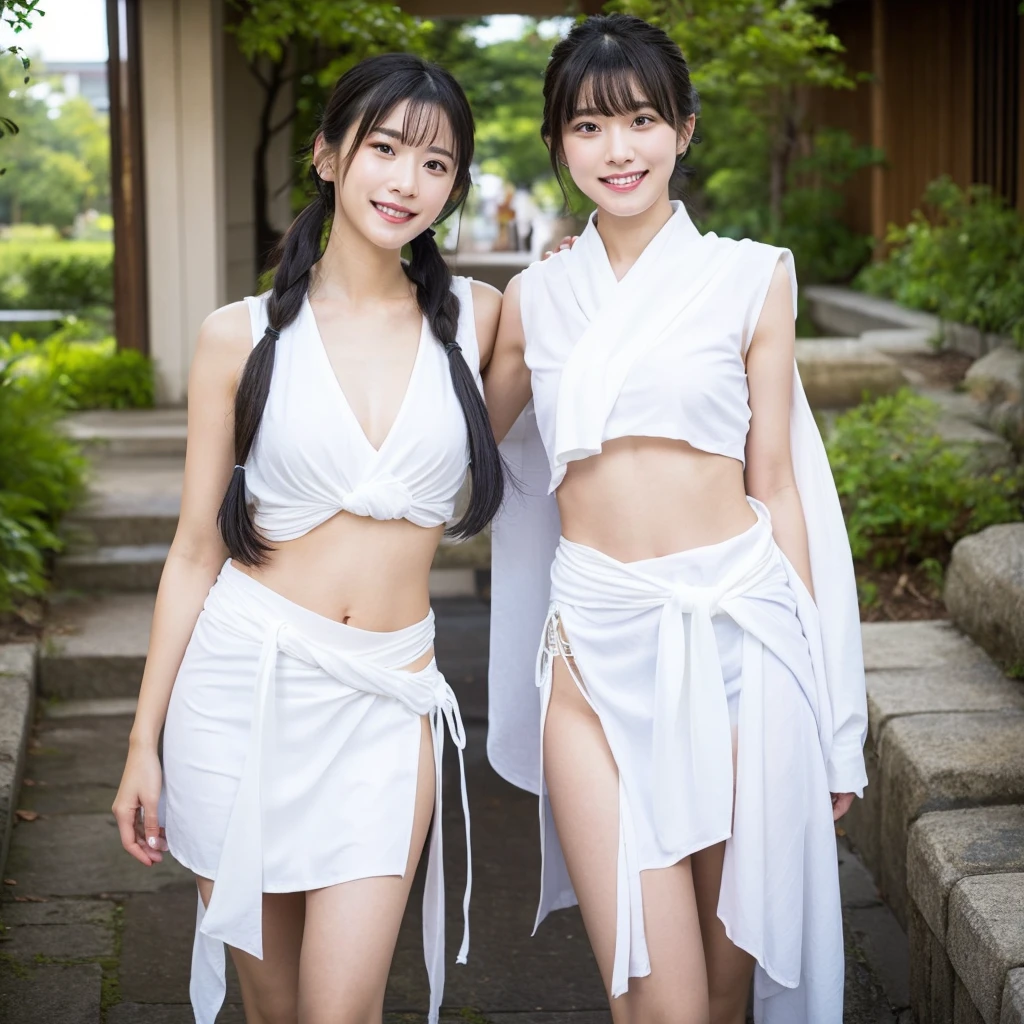 日本people、１people、The most beautiful woman、smile、Shyness、clear、Shiny black hair、((Standing with legs wide open))、Photo Style、length, bangs、Pigtails、light makeup、Standard face、(((Wearing a white Etchu loincloth)))、((Light clothing:0.5))、(She is hiding her breasts by wrapping a cloth around her chest.)、Summer festival、 ((Showing off the knot of his loincloth)), 32K, Raw photo、Highest quality、Spectacular views