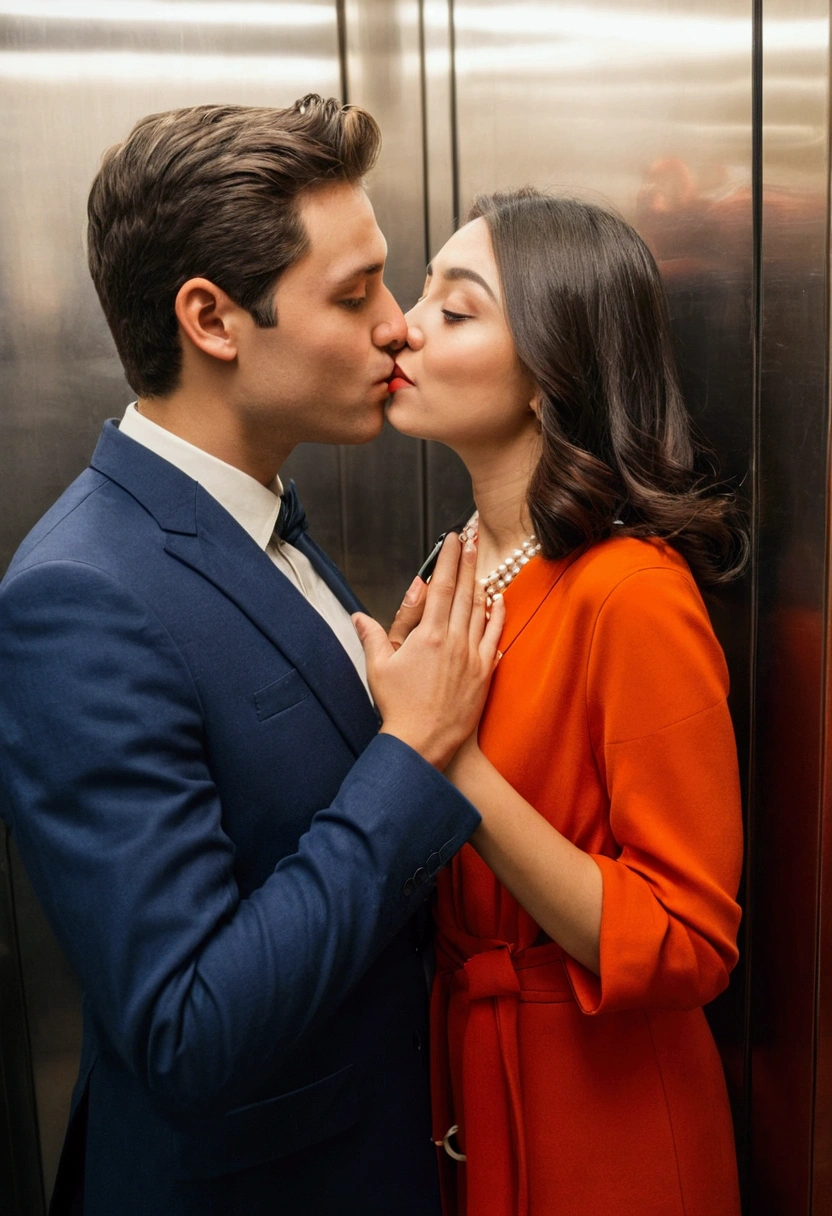 Loving couple standing side by side in the elevator mirror, someone is taking a selfie in the mirror on the phone and they are kissing