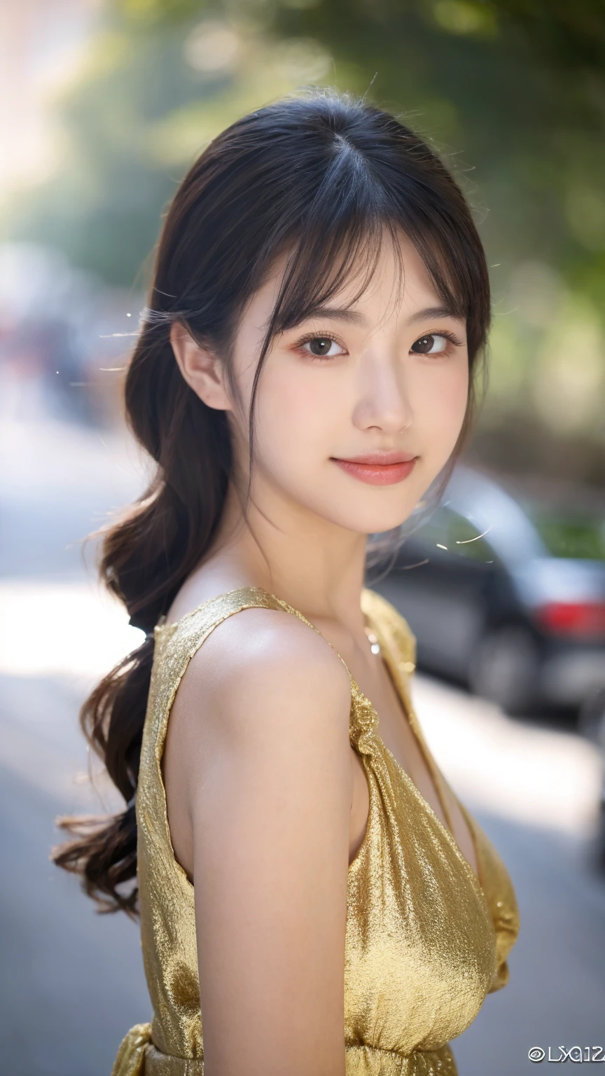 ((Best quality, 8k, masterpiece:1.3))，1girl，18 years old，Asian，Real texture:1.3，(Background blur:1.1)，Dress Up，Tall and slender figure:1.2，(Hot summer weather)，（street:1.3），Highly detailed face and skin textures，Exquisite eyes，Long eyelashes，Double eyelids，Skin Whitening，happy，Various postures，Breast