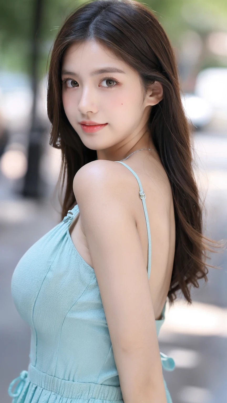 ((Best quality, 8k, masterpiece:1.3)),1girl,18 years old,Asian,Real texture:1.3,(Background blur:1.1),Dress Up,Tall and slender figure:1.2,(Hot summer weather),(street:1.3),Highly detailed face and skin textures,Exquisite eyes,Long eyelashes,Double eyelids,Skin Whitening,happy,Various postures,Breast