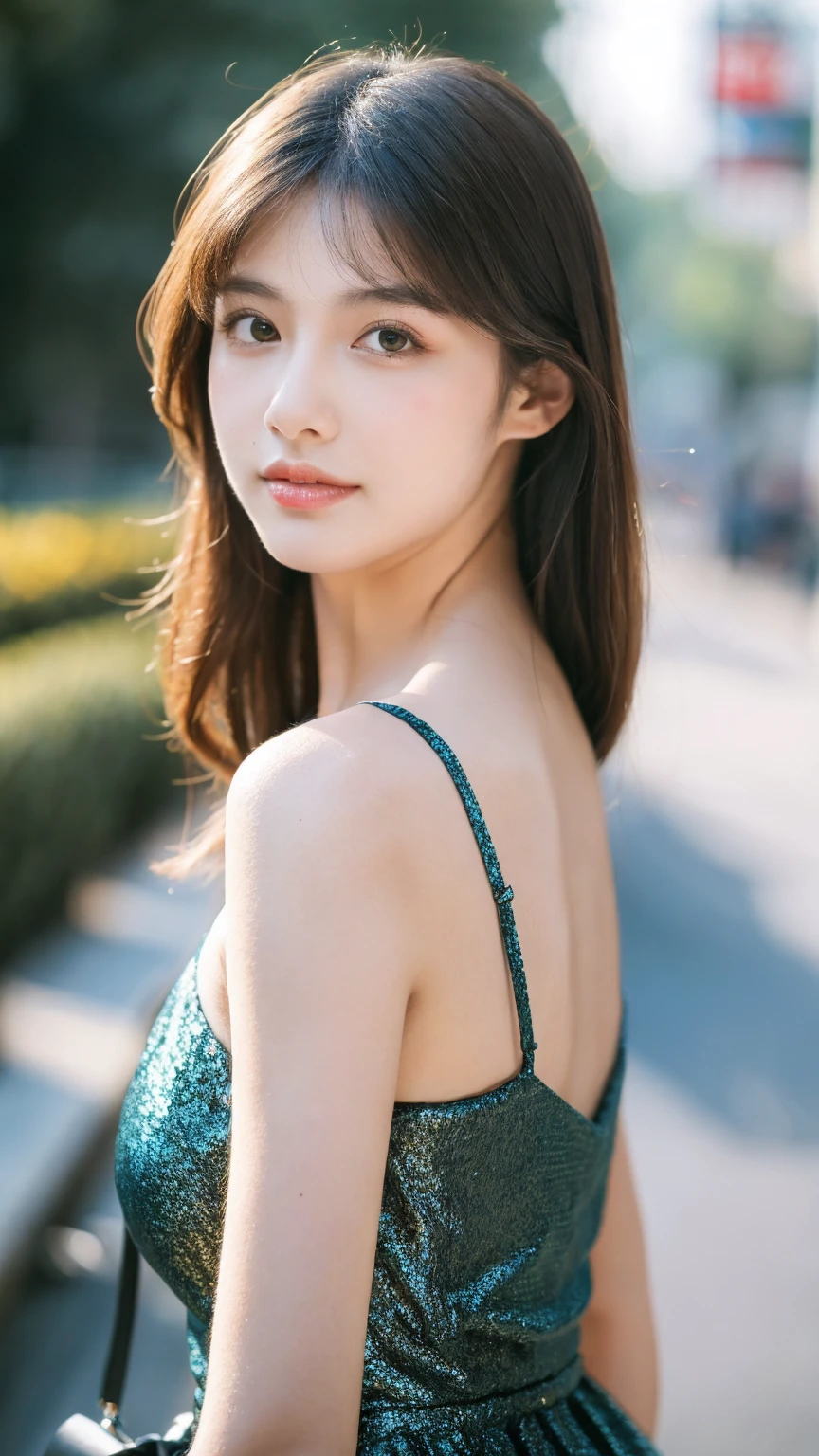 ((Best quality, 8k, masterpiece:1.3)),1girl,18 years old,Asian,Real texture:1.3,(Background blur:1.1),Dress Up,Tall and slender figure:1.2,(Hot summer weather),(street:1.3),Highly detailed face and skin textures,Exquisite eyes,Long eyelashes,Double eyelids,Skin Whitening,happy,Various postures,Breast