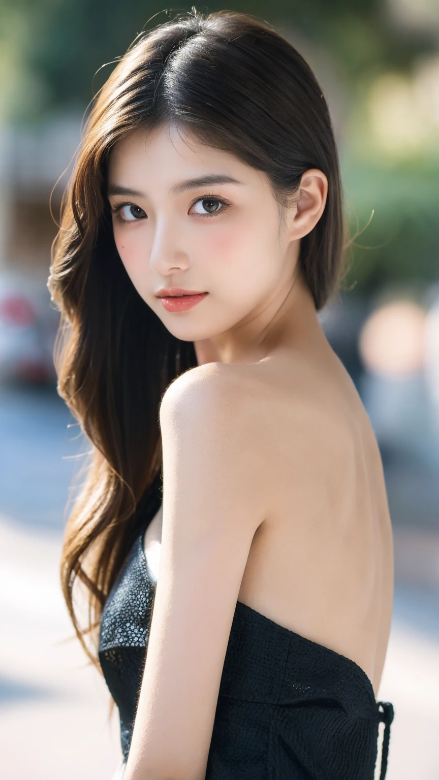 ((Best quality, 8k, masterpiece:1.3)),1girl,18 years old,Asian,Real texture:1.3,(Background blur:1.1),Dress Up,Tall and slender figure:1.2,(Hot summer weather),(street:1.3),Highly detailed face and skin textures,Exquisite eyes,Long eyelashes,Double eyelids,Skin Whitening,happy,Various postures,Breast