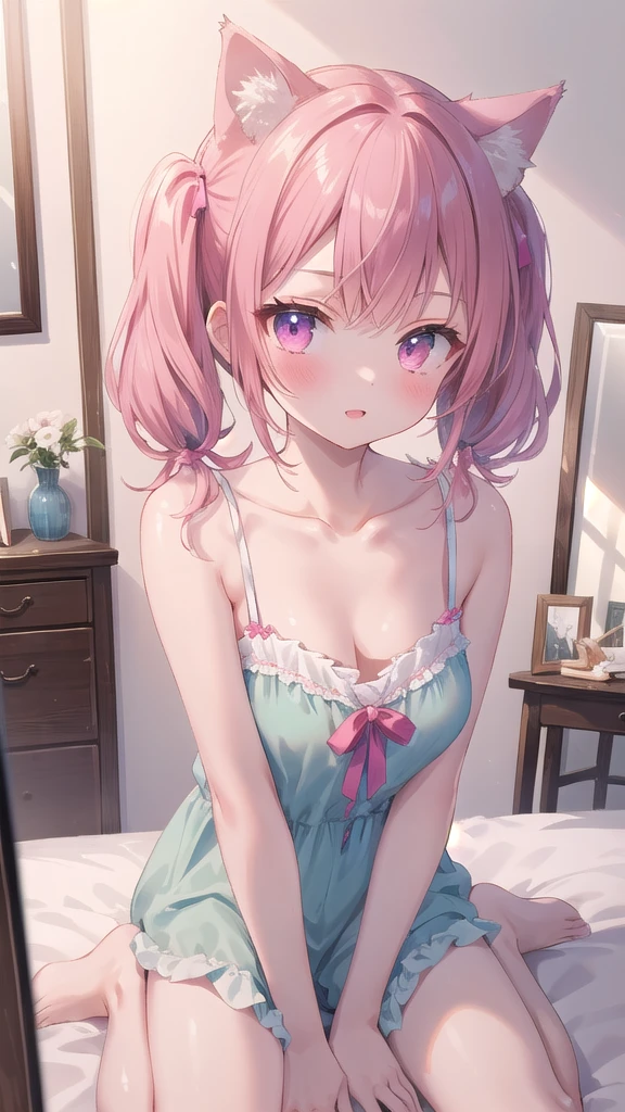 (8k, best quality, master piece: 1.2),super high resolution,1 girl, 独奏, cowboy shot ,ultra-detailed face, Selfie、Reflection in the mirror、Cat Ear Cosplay、pink、Twin tails、Brown、Private room、bed、wariza, hand between legs, Collarbone
