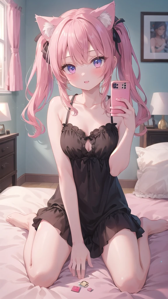 (8k, best quality, master piece: 1.2),super high resolution,1 girl, 独奏, cowboy shot ,ultra-detailed face, Selfie、Reflection in the mirror、Cat Ear Cosplay、pink、Twin tails、Brown、Private room、bed、wariza, hand between legs, Collarbone